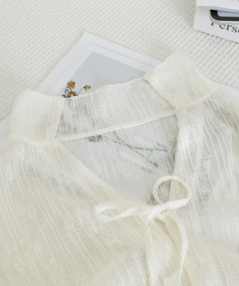 カーディガン 長袖 ボレロ 羽織り 薄手 レディース シアーシャツ 肌見せ 透け感 春夏トップス へそ出し UVケア 重ね着 カジュアル レイヤードコーデ リボン 77JCHU-001